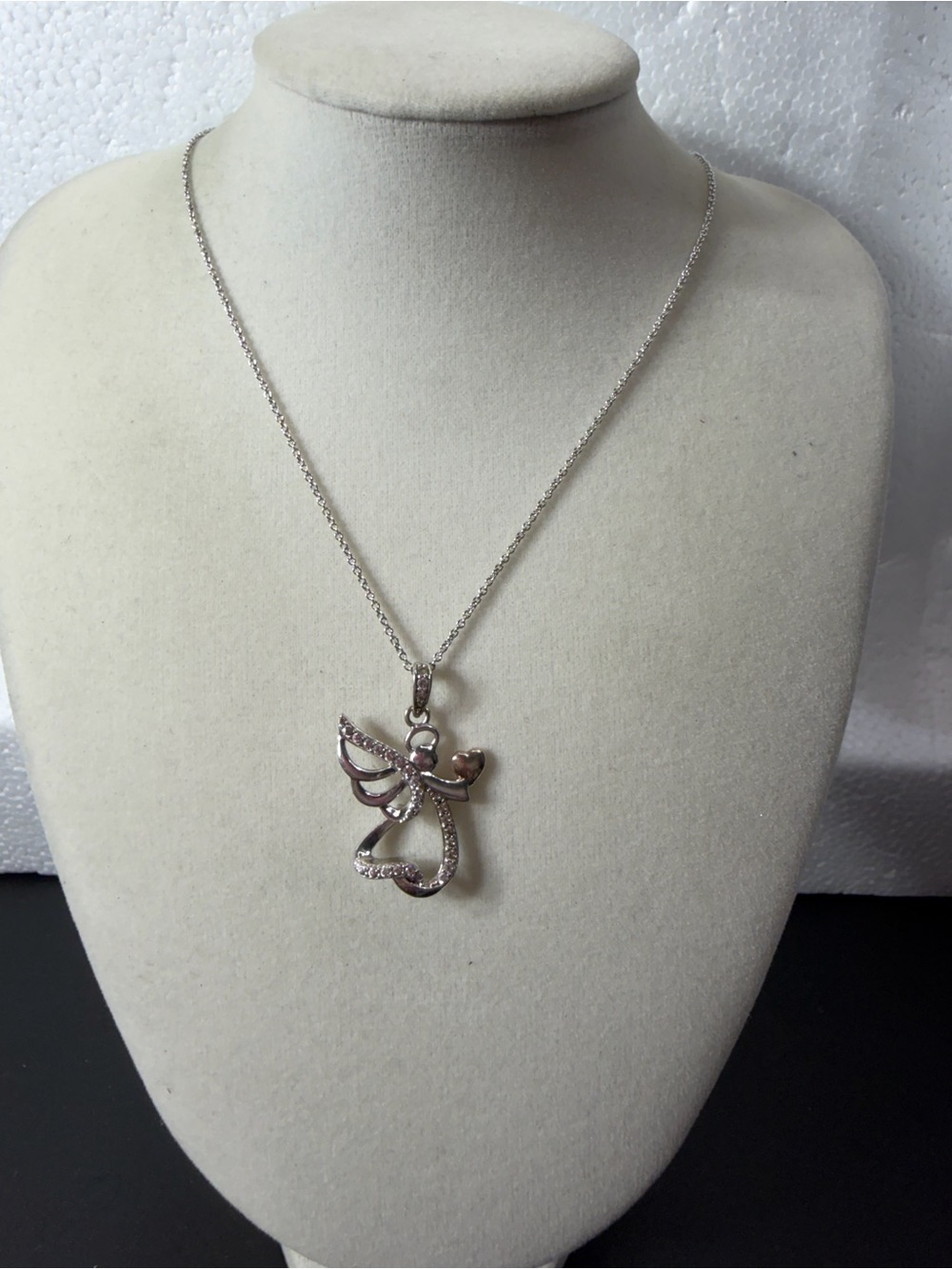 JCM 925 Sterling Silver Clear CZ Angel Charm Pendant Necklace Cable Chain